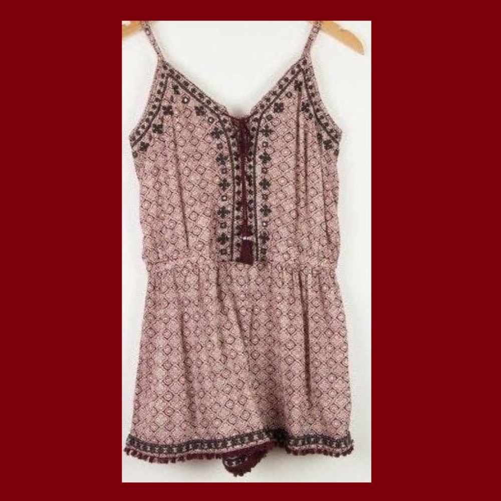 Boho Lace Up Printed Burgundy Romper